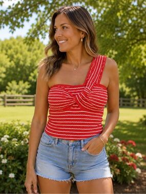 ZARA Persimmon Knit One Shoulder Twist Front Striped Top XS. Y2K